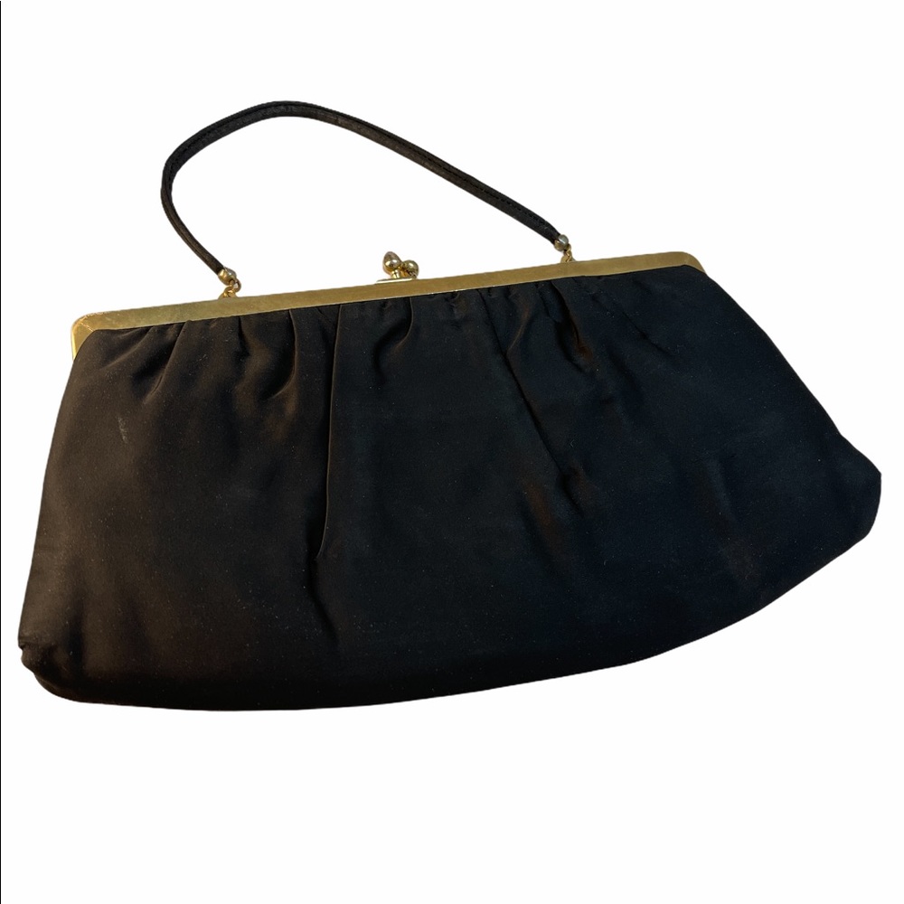 Vintage c1940s Black satin clutch wristlet
